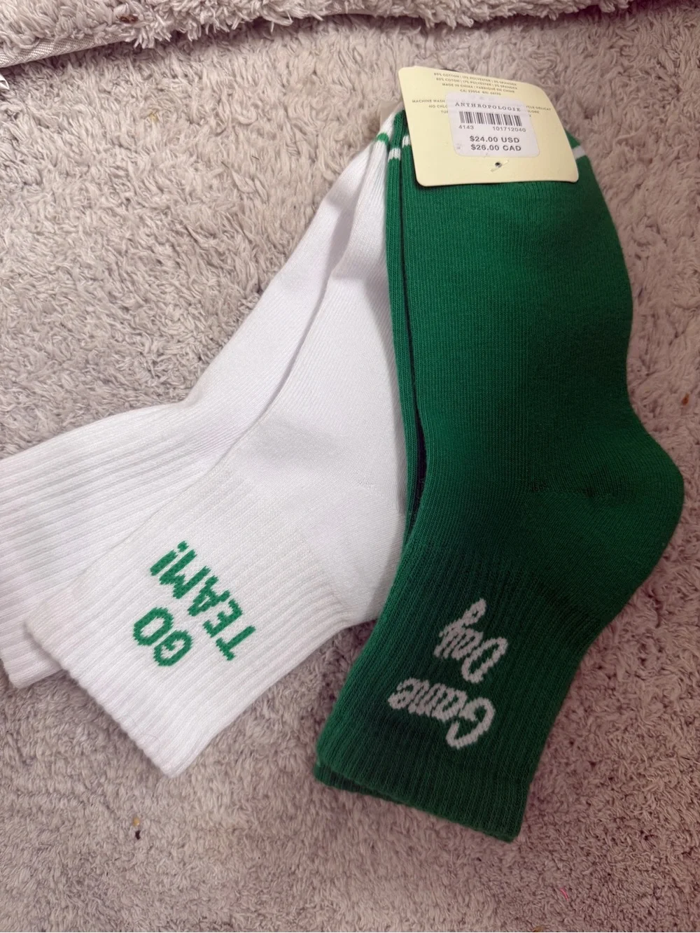 Anthropologie White & Green 'Game Day' Crew Sock Set, nwt!